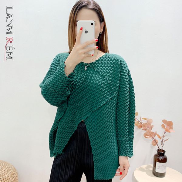 

women fold t-shirt irregular round neck long sleeve pleated shirts fashion summer 2h220 210507, White