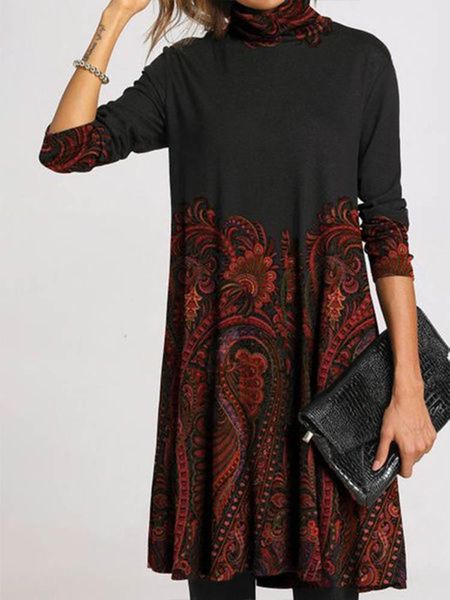 

casual dresses 2021 autumn winter women's fashion print half-high collar long sleeve loose dress woman, Black;gray