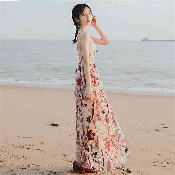 

summer maxi floral embroidery long women dress strapless femele v-neck sleeveless backless evening party 210603, Black;gray