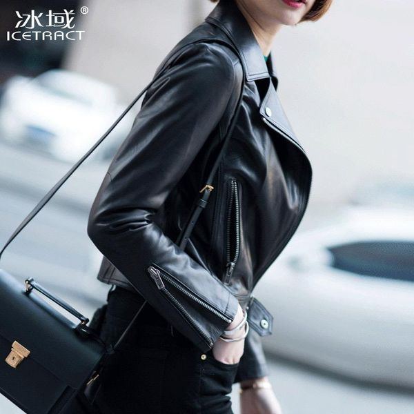 

spring haining leather women's coat sheepskin short slim motorcycle jacket jackets, Black;brown