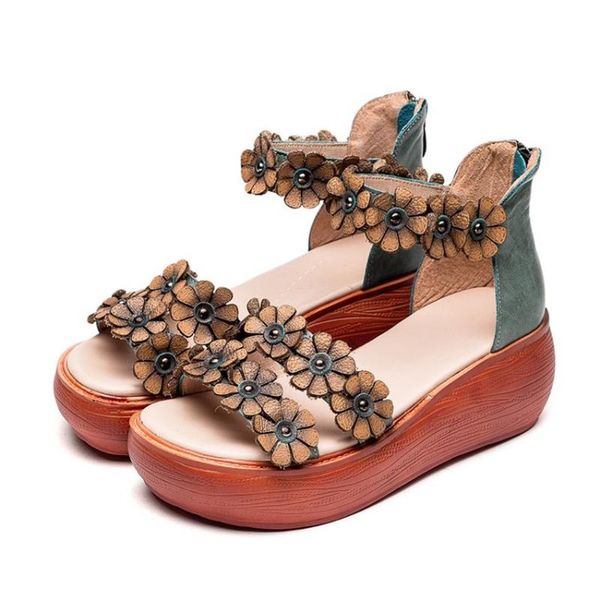 

womens peep toe 3d flowers genuine leather sandals platform wedge heel oxfords shoes boho retro vintage 2021 dress, Black