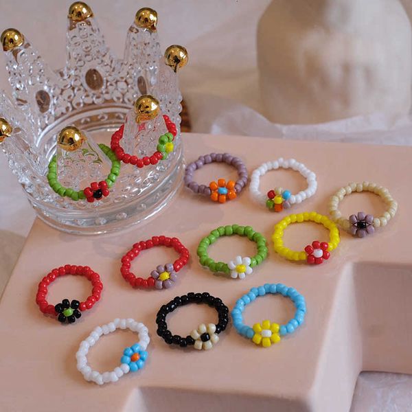 

ring aomu 2021 flower bobemia s summer colorful beads for women kids boho beach jewelry gifts fashion adjustable, Golden;silver