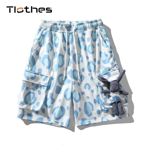 

summer cotton shorts men drawstring cargo pants outdoor sports loose mens milk pattern print skateboard men's, White;black