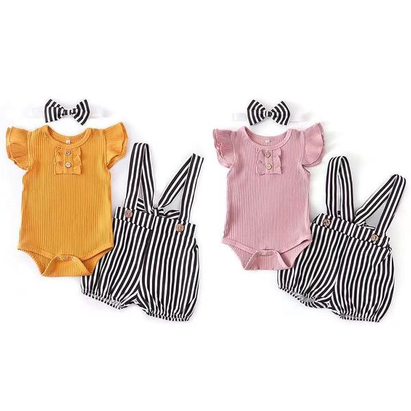

retail/wholesale baby outfit newborns 3pcs set romper+floral suspender trousers+bow headbands children designers clothes kids clothing sets, White