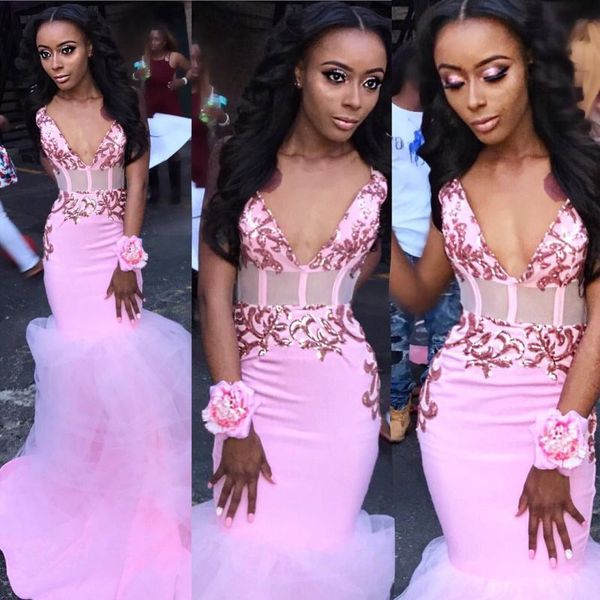 

pink lace long mermaid prom dresses 2020 new sleeveless v neck illusion open back formal evening dress party gowns, Black