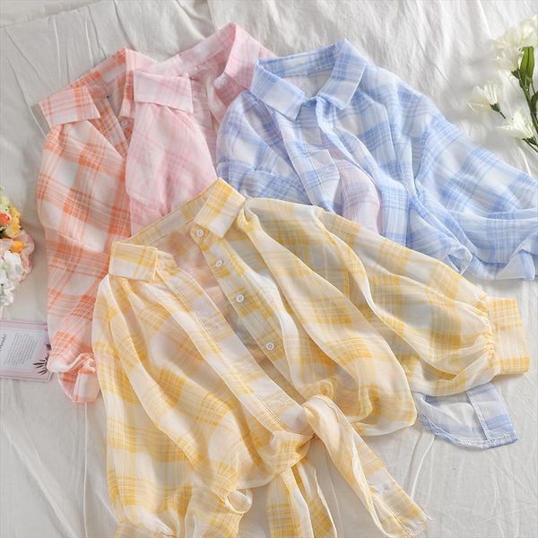 

summer plaid sunscreen chiffon womens shirt lantern sleeve cardigan female korean student loose shirts m16, White