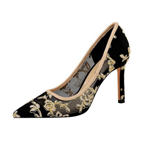 

shoes fashion 2021 banquet women shoe wedding stiletto high heel shallow mouth lace flower single zapato mujer sapato dress, Black