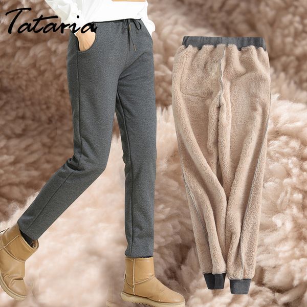

winter cashmere harem warm pants women's velvet thick lambskin sweatpant for loose trousers 210514, Black;white