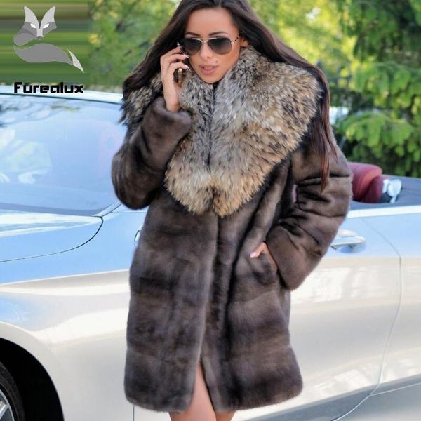 

women's fur & faux furealux ladies real mink coat with natural raccoon big collar mid-length temperament warm overcoat, Black