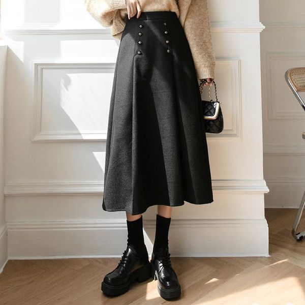 

skirts england style autumn winter wool womens fashion double breasted high waist a-line long skirt ladies casual jupe, Black