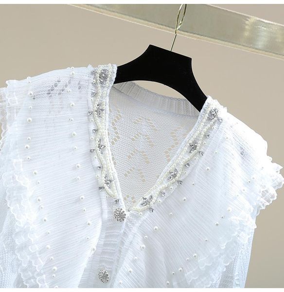 

women's knits & tees cardigan fashion beads diamond studded hollow high waist knitwear 2021 autumn mesh patchwork ruffled sweater coat, White