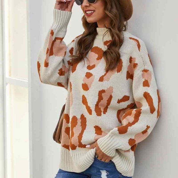 

plus size autumn knitted sweater women leopard pattern long sleeve knitting sweaters pullovers female winter loose jumper 210603, White;black