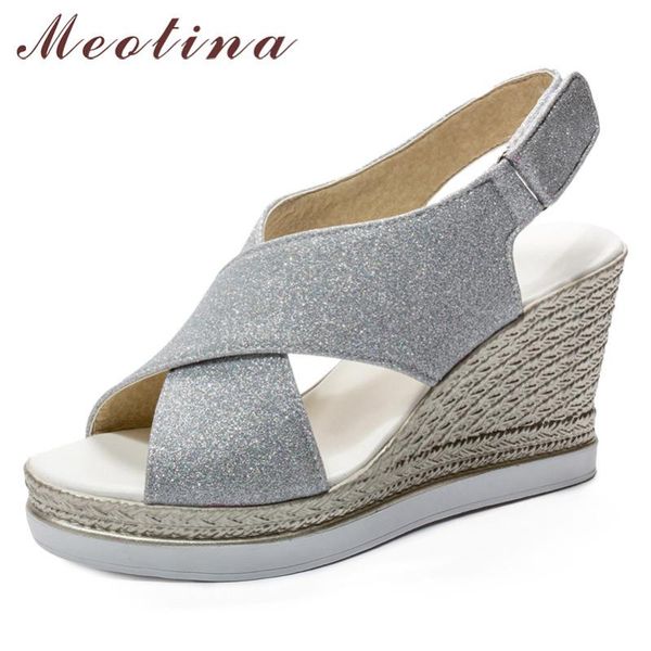 

meotina summer sandals women shoes glitter platform wedges heel party bling super high ladies big size 34-43, Black