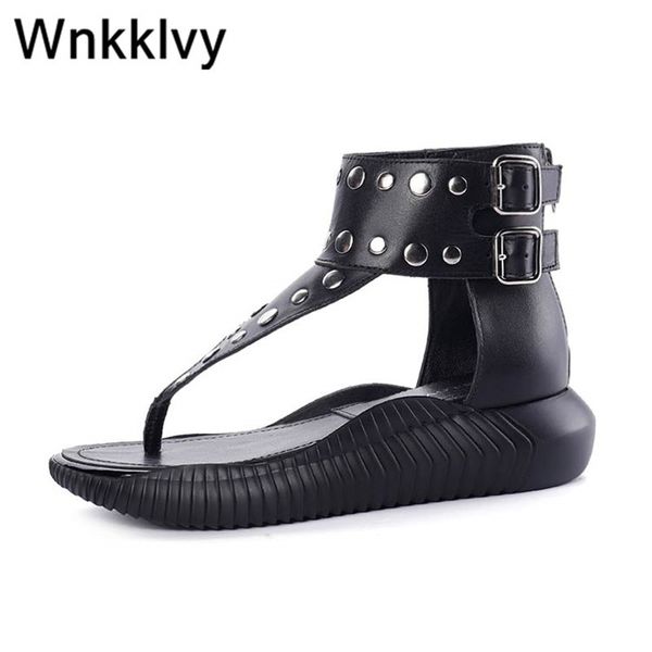 

flat heel shoes for women clip on flipflops metal rivets buckled strap punk style real leather summer gladiator sandals, Black