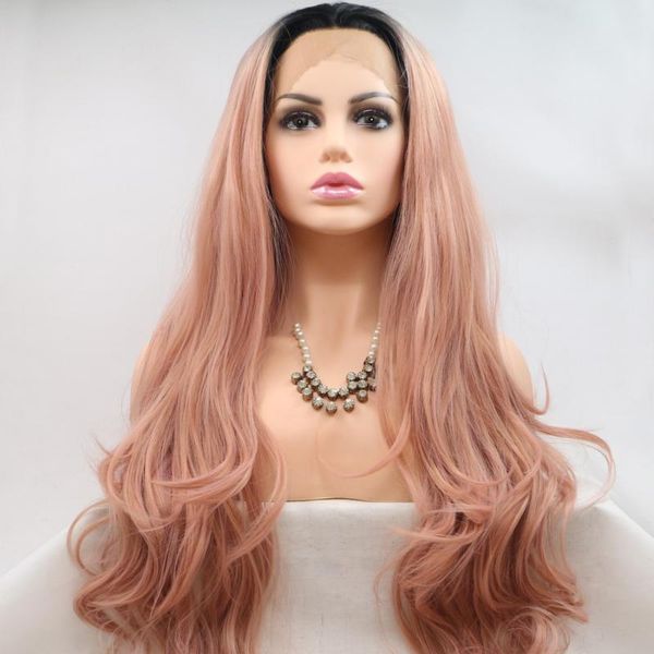 

synthetic wigs flesh pink dark roots color long body wave hair lace front natural daily cosplay frontal for women girl, Black