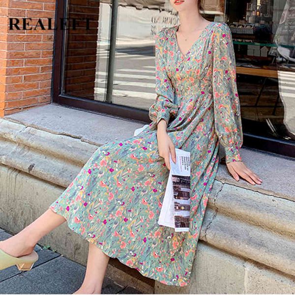 

vintage floral printed women long dress v-neck high waist lantern sleeve lace up straight female dresses spring 210428, Black;gray