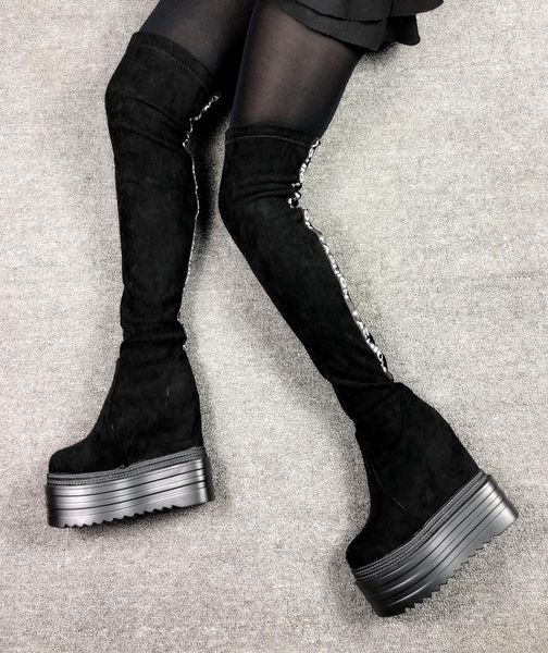 

boots long 2021 super high heel women's 13cm wedges tube thick sole within increased over-the-knee, Black