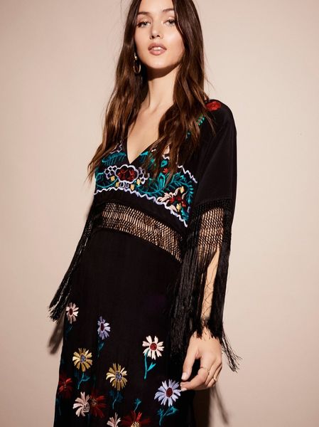 

casual dresses women vintage ethnic flower embroidered cotton tunic hollow long hippie boho people tassel maxi 7wdb, Black;gray