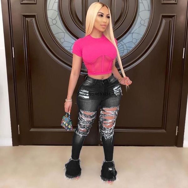 

women's jeans 2021 summer denim pants women fluorescence color hole ripped flare spliging trousers 6 high waist jean s-4xl, Blue