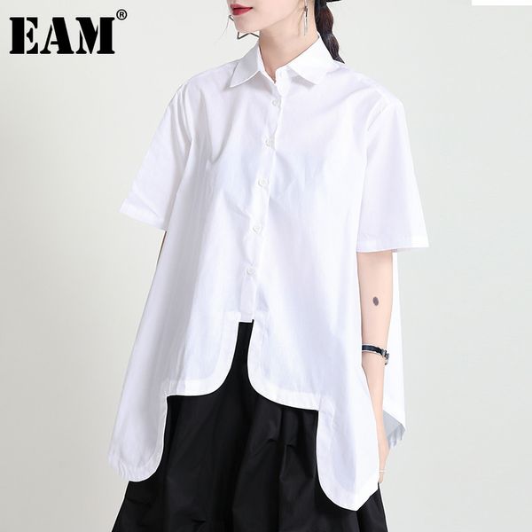 

[eam] women white casual irregular pleated blouse lapel half sleeve loose fit shirt fashion spring summer 1dd8606 210512
