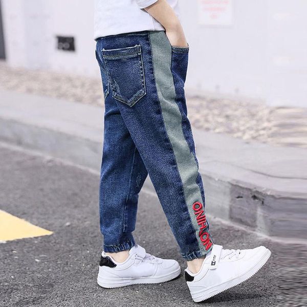 

jeans ienens fashion harem pants kids loose denim 4-11 years child wear letter embroidery clothes, Blue
