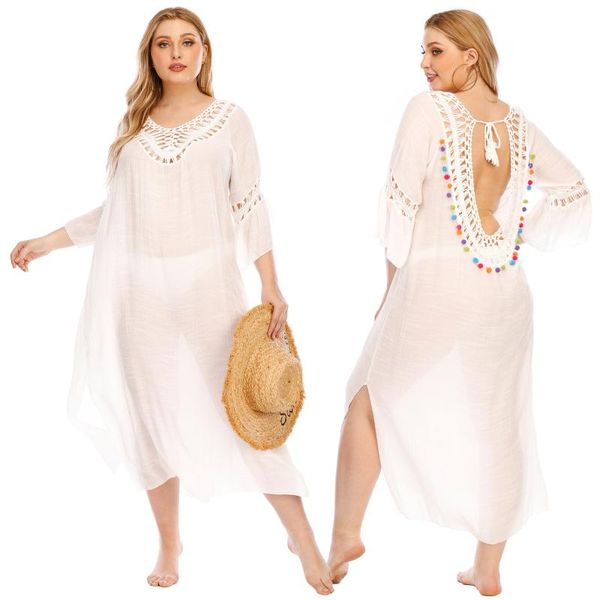 

women's swimwear summer bohemian style large size hollow lace open back split beach long womens dress sunscreen blouse -40, White;black