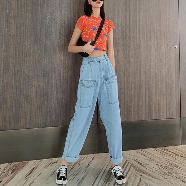 

women's jeans zosol high waist loose slimming 2021 design sense daddy pants trousers, Blue