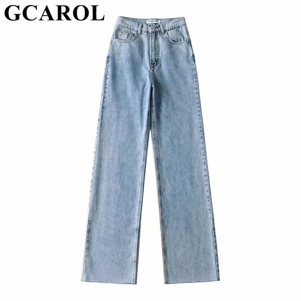 Gcarol-Frauen Hohe taillierte breite Beinhose mit rauem Rand schlank und schlaffe schicke stilvolle untere Burr Denim Jeanshose 210922