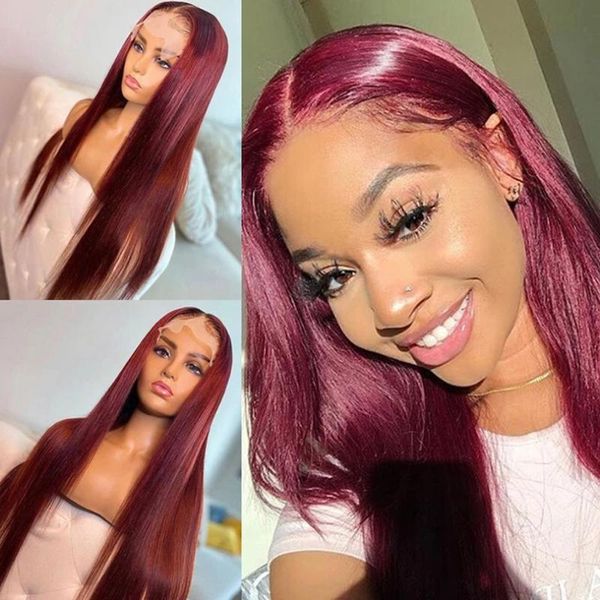 

synthetic wigs 99j high temperature fiber long straight hair 13*4*1lace front wig wine red color for women medium part ship, Black
