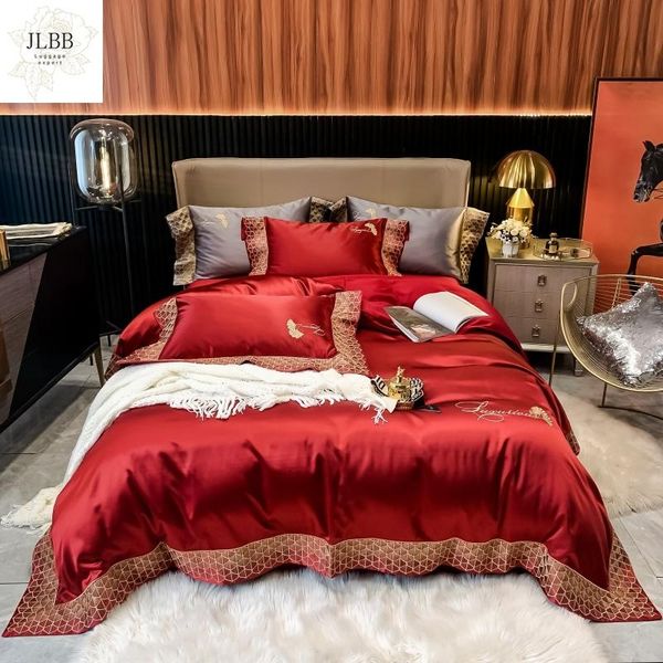 

bedding sets luxury retro wine red high precision satin 1400tc silk egyptian cotton set embroidery duvet cover bed sheet pillowcases