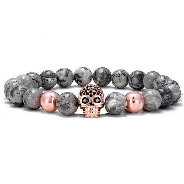 

75%off selling with zircon inlaid skull map stone copper bead fashion elastic bracelet a1, Golden;silver