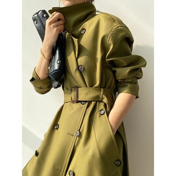 

women's trench coats british style business women double breasted coat long section clothes for office ladies solid color senior womens, Tan;black