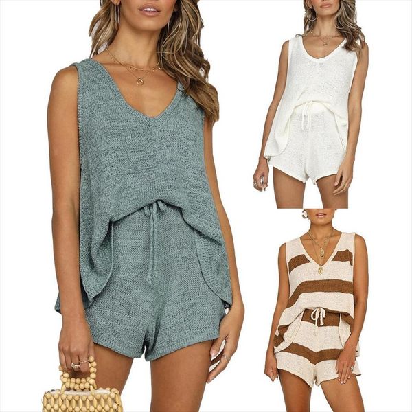 

solid color sleeveless vest women tracksuits drawstring shorts loose tank elegant summer knitted outfits casual clothng set, Gray