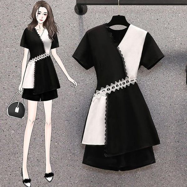

large size summer fat sister womens tracksuits slim age cover belly dress shorts two piece suit fried street ol, Gray