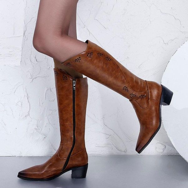 

boots fashion spring autumn female knee high hollow breathable zipper women's shoes winter warm square heel slim knight, Black