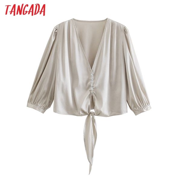 

women retro bow crop satin shirt summer blouse long sleeve chic female short ce131 210416, White