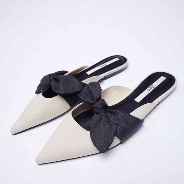 

slippers zar woman flat shoes spring summer pointed bow outer wear plus size 41 beige lazy sandals and women luxury 6ail, Black