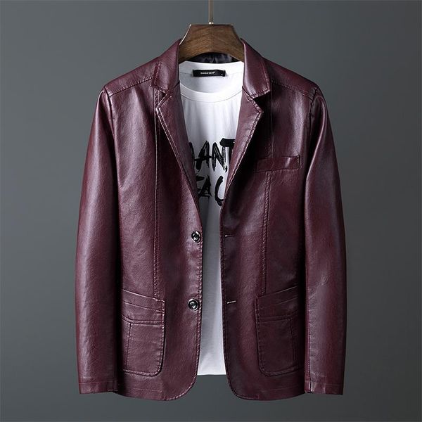 

2021korean handsome men's leather motorcycle jacket men thin spring and autumn suit collar pu slim type fur & faux, Black