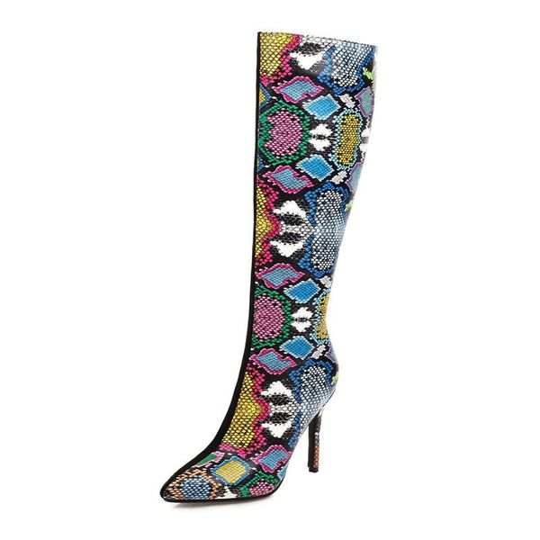 

boots fashion pointed toe knee high women heels snake print autumn winter women's shoes big size 46, Black