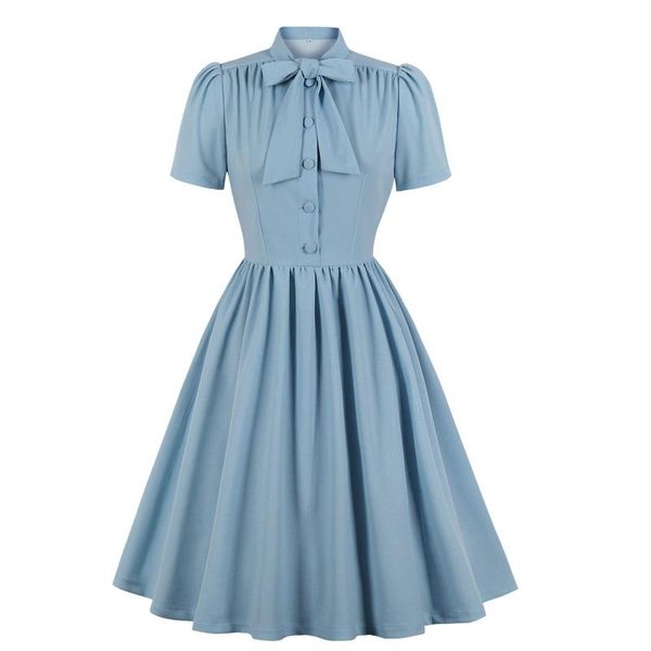 

retro collar casual slim dresses chiffon beach holiday pleated bow maxi dress vestidos de mujer casual#g41, Black;gray