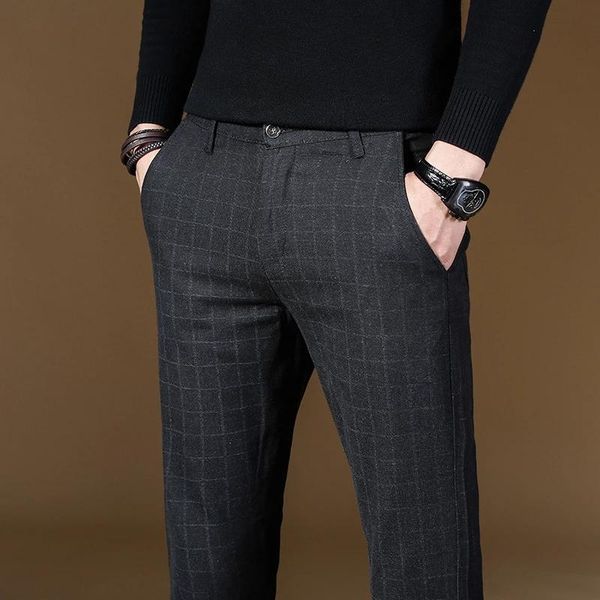 

brand men's plaid pants casual elastic long trousers cotton gray black skinny work pant for male classic clothing jogging