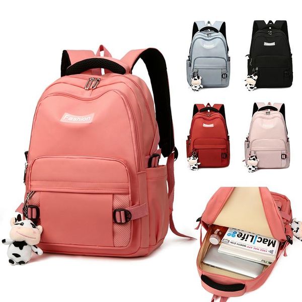

school bags fashion women's backpack solid color large capacity bag for girls cute pendant nylon waterproof student shoulder