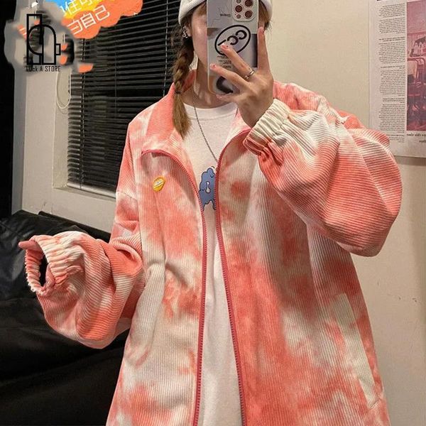 

women's jackets luck a 2021 women autumn corduroy long sleeve harajuku female tie dye zipper streetwears lady casual oversize, Black;brown