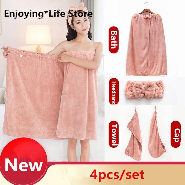 

towel 4pcs/set fleece women men robes bath wearable quick shower caps hair drying towels dress lady beach spa wear bands