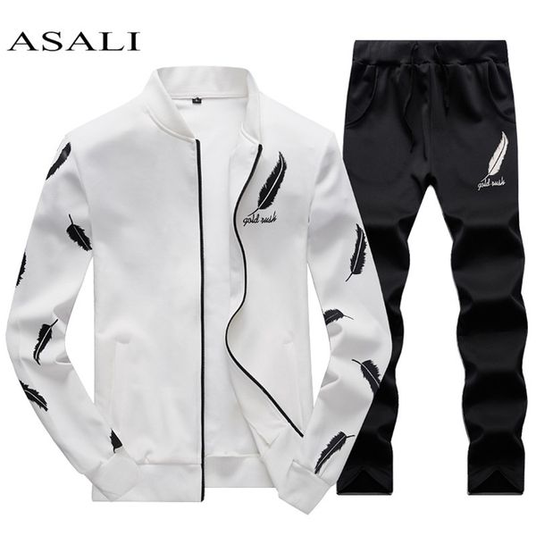 

asali mens tracksuit zipper 2021 spring sets fleece casual men set 3d print pleated hoodies sweatshirt pant suit fitness clothes, Gray
