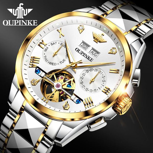 

wristwatches oupinke watch men automatic mechanical green water ghost watches mens fashion waterproof tourbillon gifts business, Slivery;brown