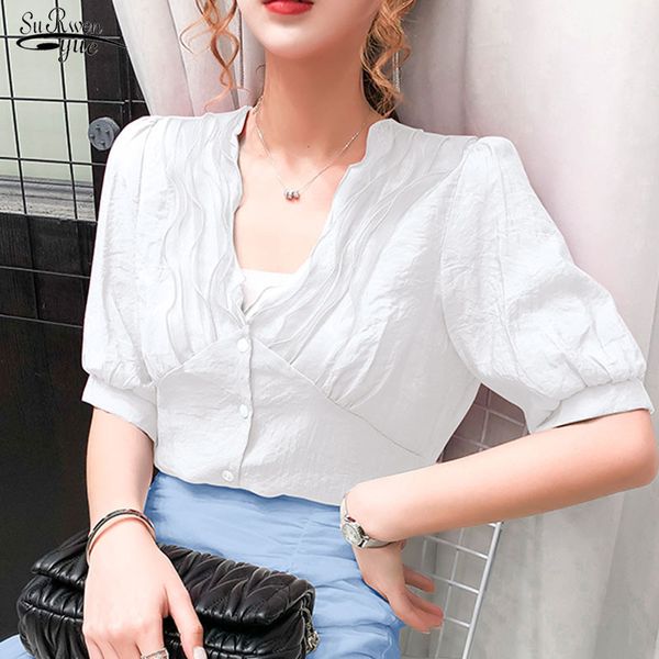 

summer white women korean style all-match elegant v-neck chiffon shirt fashion slim short sleeve blouse 9810 210427