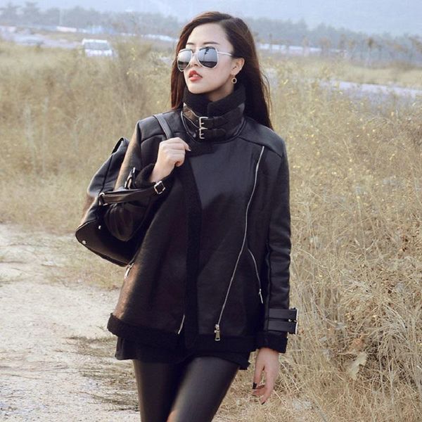 

women's leather & faux winter sheepskin coats women thick fur coat european lining jacket moto &biker casaco feminino, Black