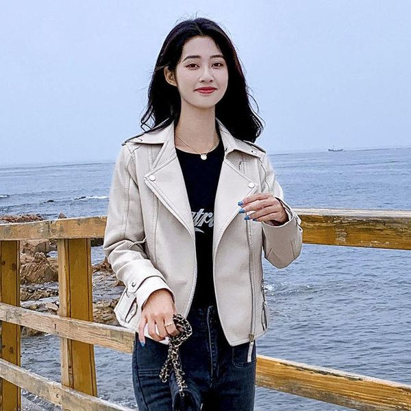

women's leather & faux 2021 autumn women fashion turn-down collar pu jackets long sleeve slim outwear casual motor biker coat x619, Black