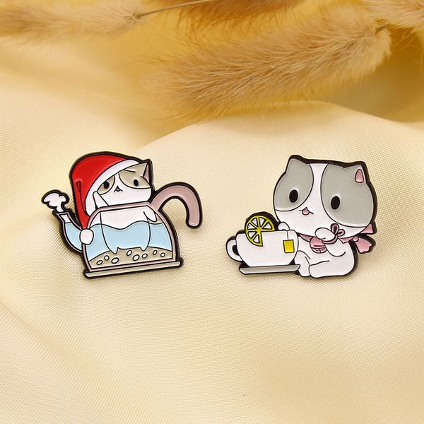 

cat bathing in a water pot and fish tank leisure moment lemon tea drinking cute cat dropping oil cute anime movies games hard enamel pins co, Blue